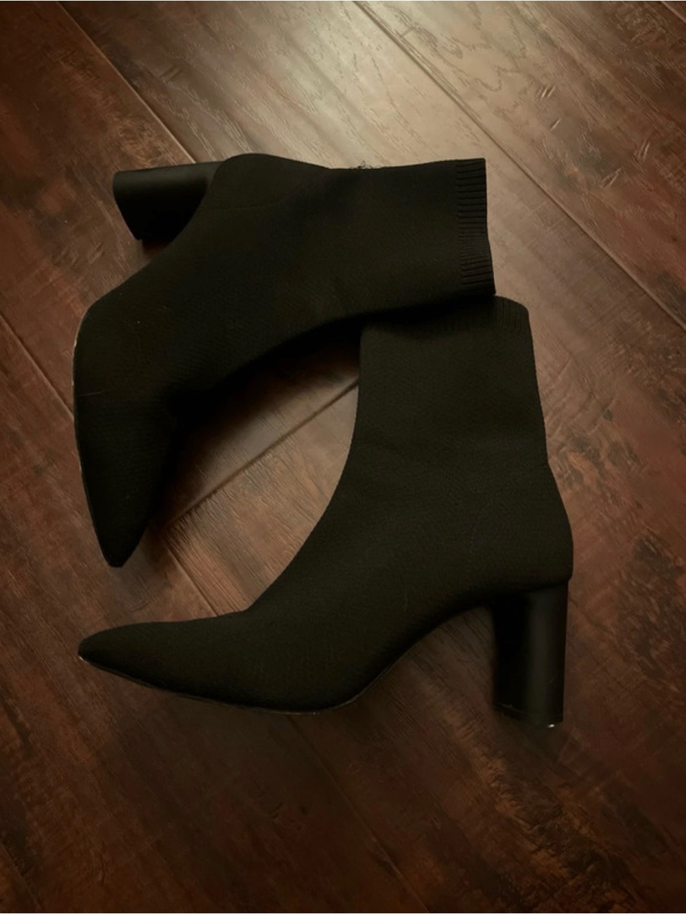 Black Stretch Knit Pointed-Toe Sock Boot with Block Heel